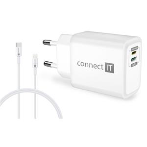 CONNECT IT DUPLEX Nabíjecí adaptér 1xLightning + 1×USB-C, 20W, kabel 27W, BÍLÝ