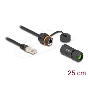 Delock Kabel ze zástrčky RJ45 na zásuvku RJ45, Cat.6A,závit M20 a kryt, s prachotěsností a vodotěsností IP68, 25cm,černý